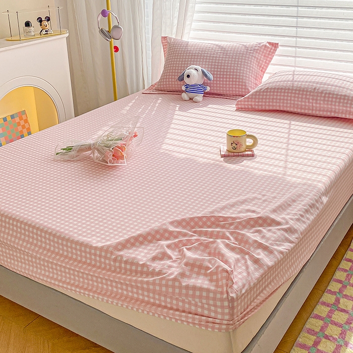 91家纺网 家纺一手货源 找家纺 恬澳家纺 2025新款森系水洗棉无印风单床笠 森系-粉格