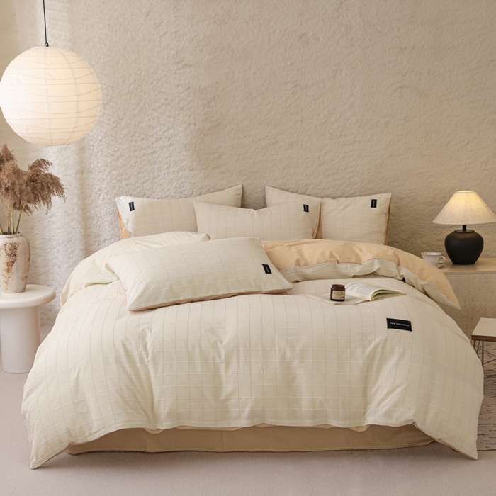 91家纺网 家纺一手货源 找家纺 呗旺鹿 2025新款静奢风-锦绣系列全棉色织提花小方格四件套 锦绣桃花暖阳