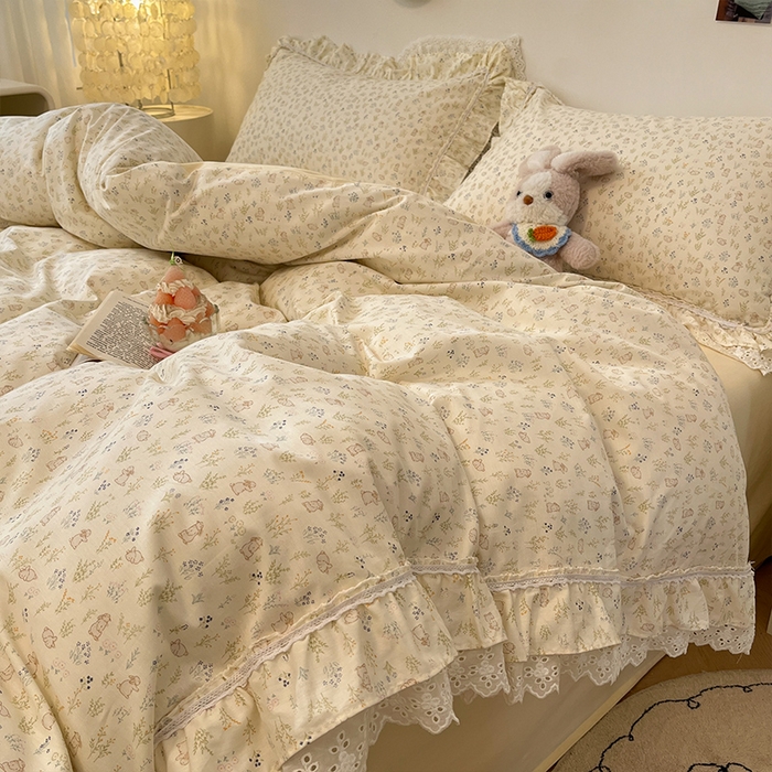 91家纺网 家纺一手货源 找家纺 蓝邻家纺 2025年新款全棉法式清新公主风双层花边四件套系列 初旭