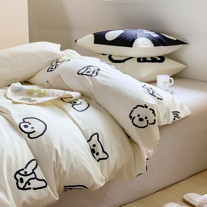 91家纺网 家纺一手货源 找家纺 尺素 2025新款韩国ins风全棉卡通印花四件套小红书博主纯棉学生三件套 lovely dog 灰