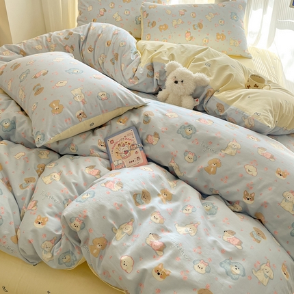 吉象家纺 2025新款全棉斜纹印花四件套 狗狗家族蓝