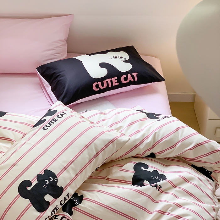 91家纺网 家纺一手货源 找家纺 尺素 2025新款韩国ins风全棉卡通印花四件套小红书博主纯棉学生三件套 可爱猫咪