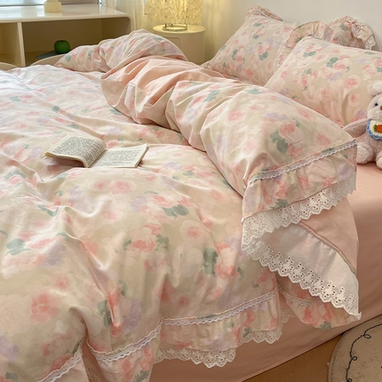 91家纺网 家纺一手货源 找家纺 蓝邻家纺 2025年新款全棉法式清新公主风双层花边四件套系列 潮汐月影