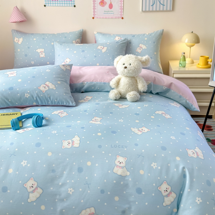 91家纺网 家纺一手货源 找家纺 2025新款全棉12868印花四件套 蓝色泡芙狗