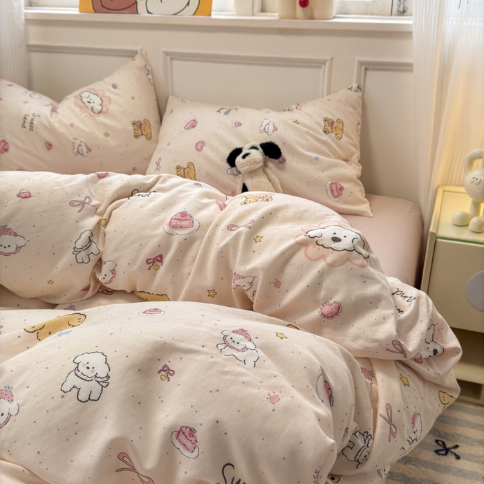 91家纺网 家纺一手货源 找家纺 2025新款全棉A类双层纱四件套系列-床拍 乖乖狗