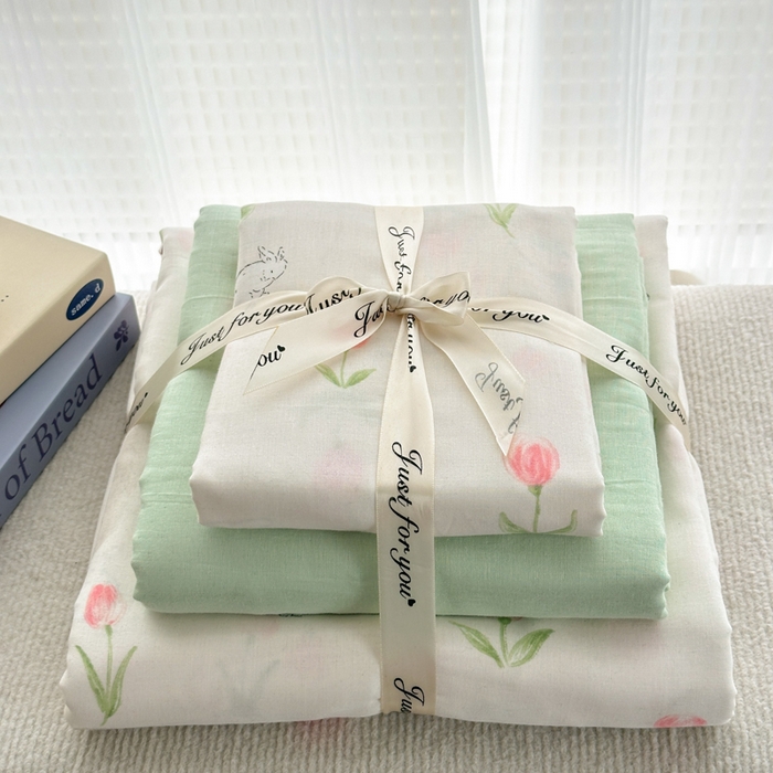 91家纺网 家纺一手货源 找家纺 2025新款全棉A类双层纱四件套系列-叠拍 郁金香小兔