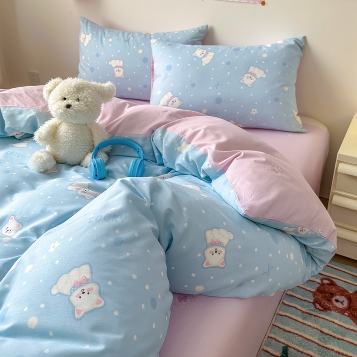 91家纺网 家纺一手货源 找家纺 2025新款全棉12868印花四件套 蓝色泡芙狗