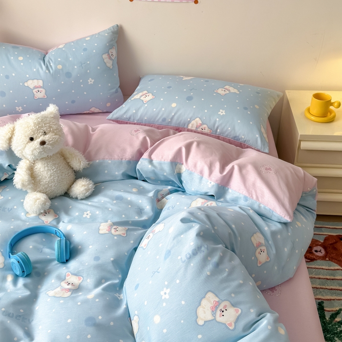 91家纺网 家纺一手货源 找家纺 2025新款全棉12868印花四件套 蓝色泡芙狗