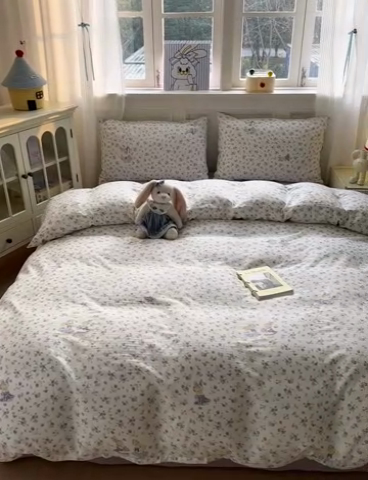 91家纺网 家纺一手货源 找家纺 2025新款全棉A类双层纱四件套系列-叠拍 花语兔