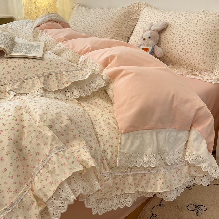 91家纺网 家纺一手货源 找家纺 蓝邻家纺 2025年新款全棉法式清新公主风双层花边四件套系列 嫣然-粉