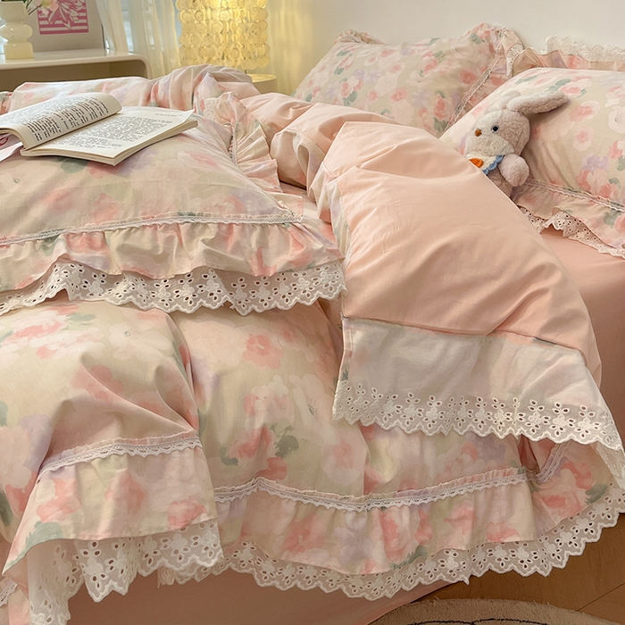 91家纺网 家纺一手货源 找家纺 蓝邻家纺 2025年新款全棉法式清新公主风双层花边四件套系列 潮汐月影