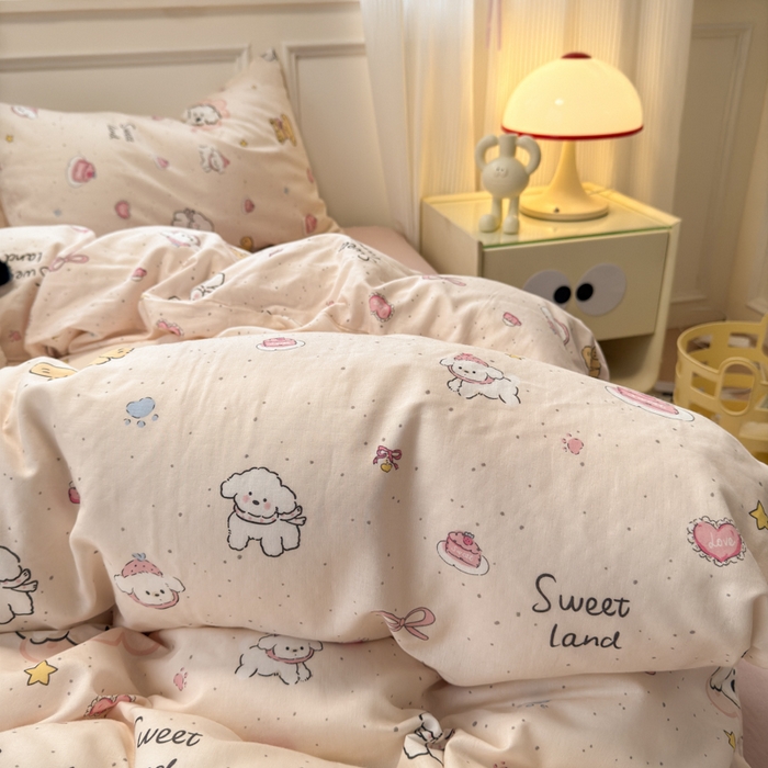 91家纺网 家纺一手货源 找家纺 2025新款全棉A类双层纱四件套系列-床拍 乖乖狗