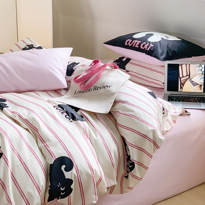 91家纺网 家纺一手货源 找家纺 尺素 2025新款韩国ins风全棉卡通印花四件套小红书博主纯棉学生三件套 可爱猫咪