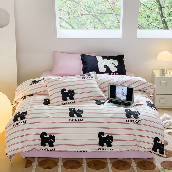 91家纺网 家纺一手货源 找家纺 尺素 2025新款韩国ins风全棉卡通印花四件套小红书博主纯棉学生三件套 可爱猫咪