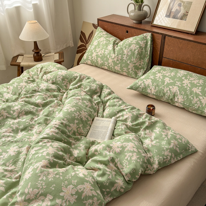 91家纺网 家纺一手货源 找家纺 2025新款全棉A类双层纱四件套系列-床拍 温婉花语