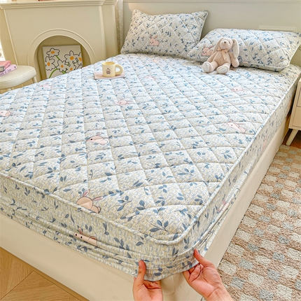 居眠 2025新款A类亲肤棉抗菌印花夹棉床笠 萌宠小兔