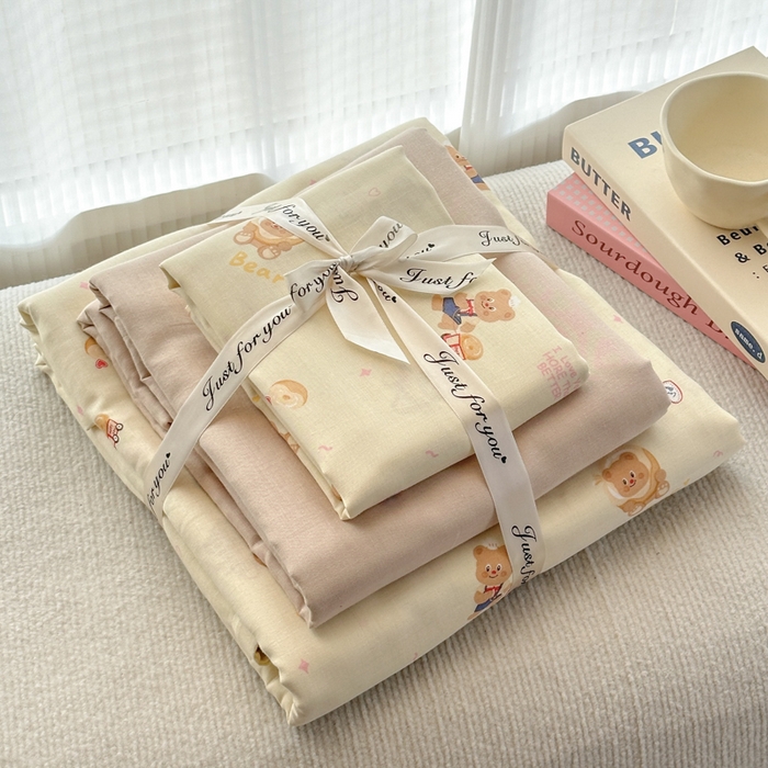 91家纺网 家纺一手货源 找家纺 2025新款全棉A类双层纱四件套系列-叠拍 面包熊