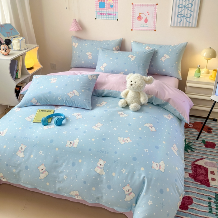 91家纺网 家纺一手货源 找家纺 2025新款全棉12868印花四件套 蓝色泡芙狗