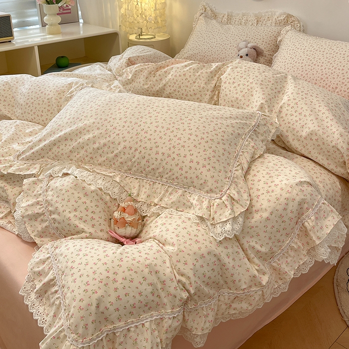 91家纺网 家纺一手货源 找家纺 蓝邻家纺 2025年新款全棉法式清新公主风双层花边四件套系列 嫣然-粉