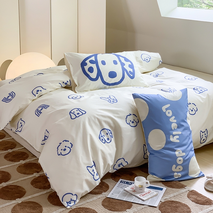 91家纺网 家纺一手货源 找家纺 尺素 2025新款韩国ins风全棉卡通印花四件套小红书博主纯棉学生三件套 lovely dog 蓝