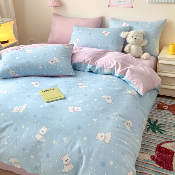 91家纺网 家纺一手货源 找家纺 2025新款全棉12868印花四件套 蓝色泡芙狗