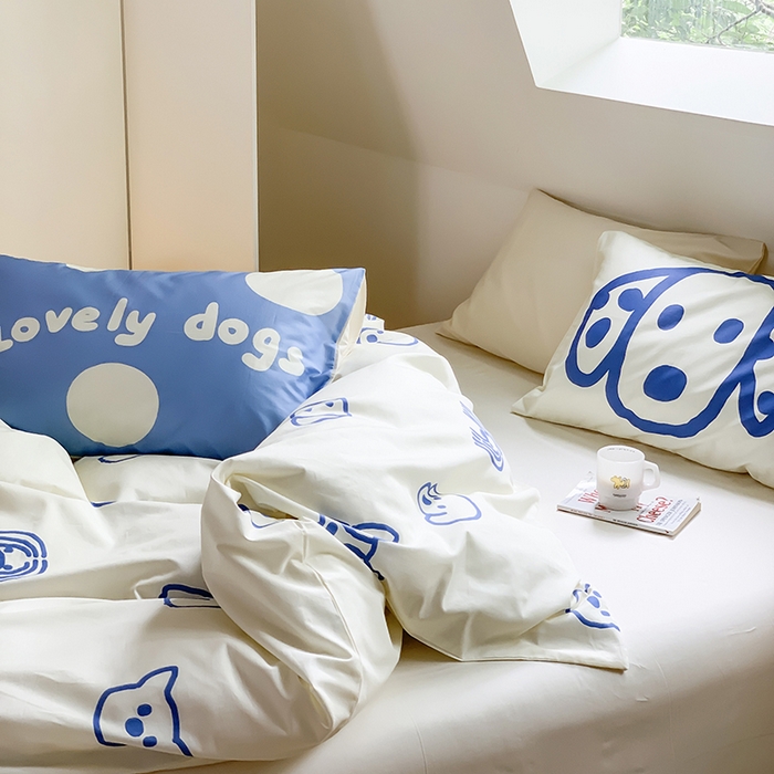 91家纺网 家纺一手货源 找家纺 尺素 2025新款韩国ins风全棉卡通印花四件套小红书博主纯棉学生三件套 lovely dog 蓝