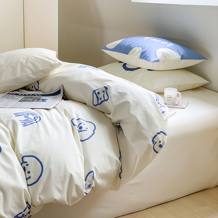 91家纺网 家纺一手货源 找家纺 尺素 2025新款韩国ins风全棉卡通印花四件套小红书博主纯棉学生三件套 lovely dog 蓝