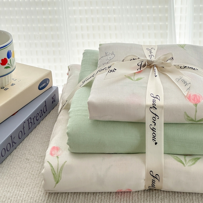 91家纺网 家纺一手货源 找家纺 2025新款全棉A类双层纱四件套系列-叠拍 郁金香小兔