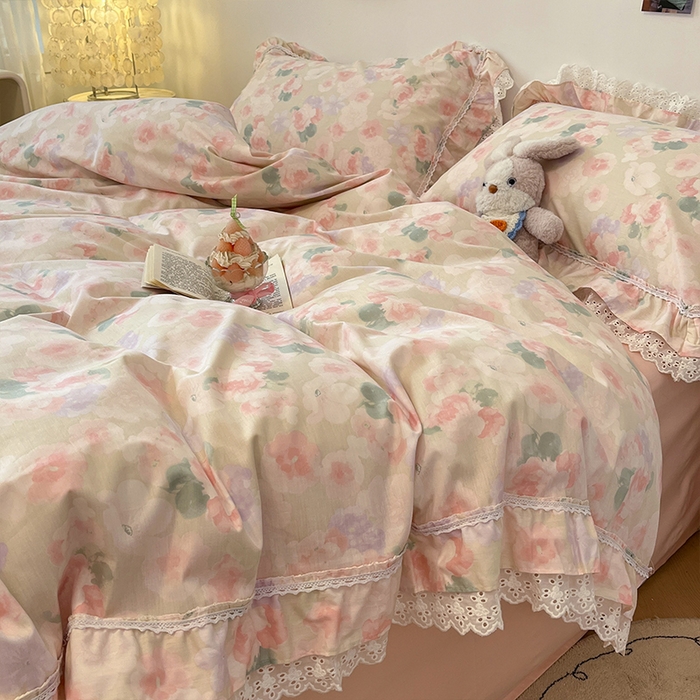 91家纺网 家纺一手货源 找家纺 蓝邻家纺 2025年新款全棉法式清新公主风双层花边四件套系列 潮汐月影