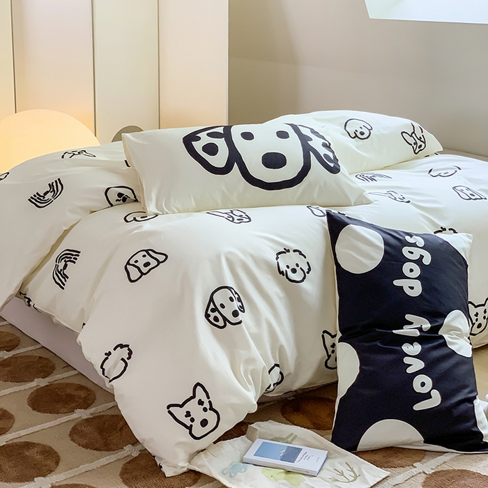 91家纺网 家纺一手货源 找家纺 尺素 2025新款韩国ins风全棉卡通印花四件套小红书博主纯棉学生三件套 lovely dog 灰