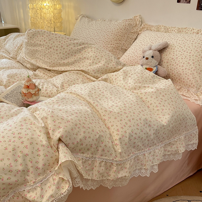 91家纺网 家纺一手货源 找家纺 蓝邻家纺 2025年新款全棉法式清新公主风双层花边四件套系列 嫣然-粉