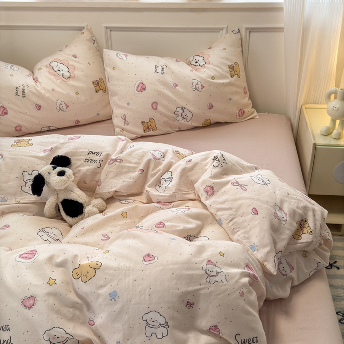 91家纺网 家纺一手货源 找家纺 2025新款全棉A类双层纱四件套系列-床拍 乖乖狗