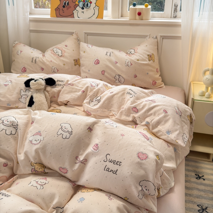 91家纺网 家纺一手货源 找家纺 2025新款全棉A类双层纱四件套系列-床拍 乖乖狗