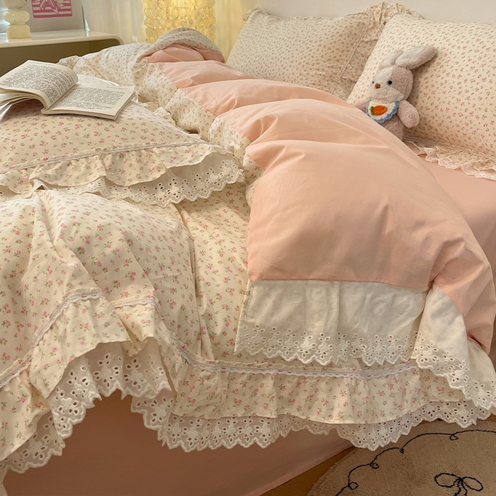 91家纺网 家纺一手货源 找家纺 蓝邻家纺 2025年新款全棉法式清新公主风双层花边四件套系列 嫣然-粉