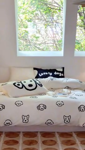 91家纺网 家纺一手货源 找家纺 尺素 2025新款韩国ins风全棉卡通印花四件套小红书博主纯棉学生三件套 lovely dog 象牙白