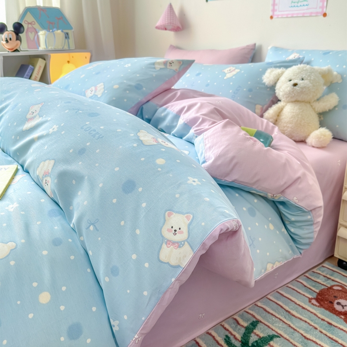 91家纺网 家纺一手货源 找家纺 2025新款全棉12868印花四件套 蓝色泡芙狗