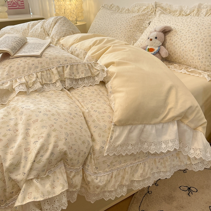 91家纺网 家纺一手货源 找家纺 蓝邻家纺 2025年新款全棉法式清新公主风双层花边四件套系列 初旭