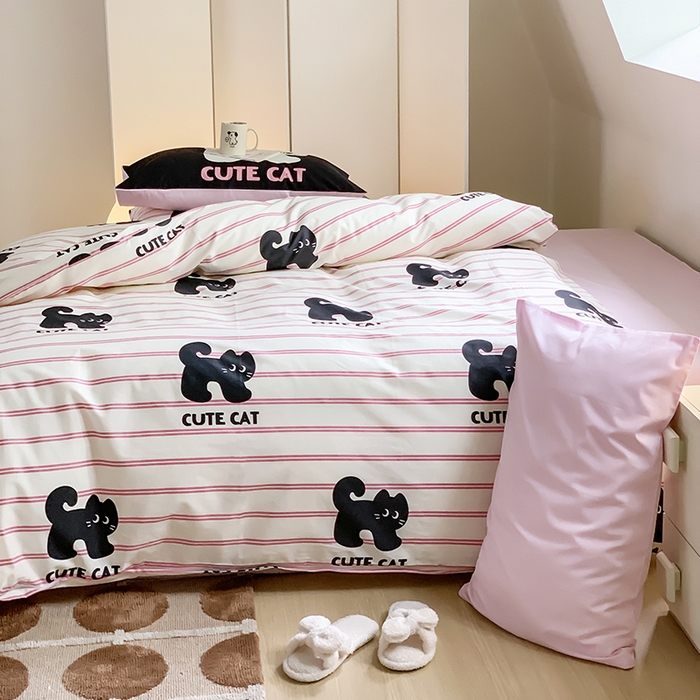 91家纺网 家纺一手货源 找家纺 尺素 2025新款韩国ins风全棉卡通印花四件套小红书博主纯棉学生三件套 可爱猫咪