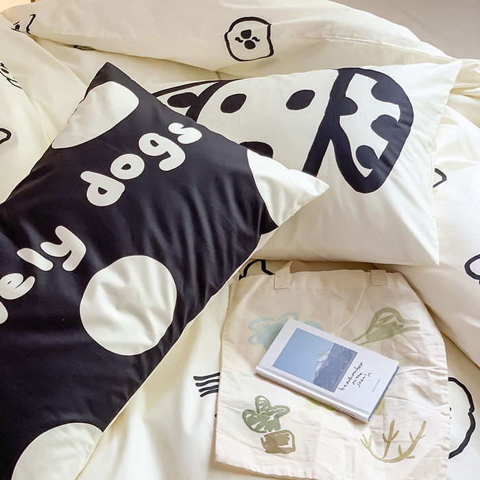 91家纺网 家纺一手货源 找家纺 尺素 2025新款韩国ins风全棉卡通印花四件套小红书博主纯棉学生三件套 lovely dog 灰