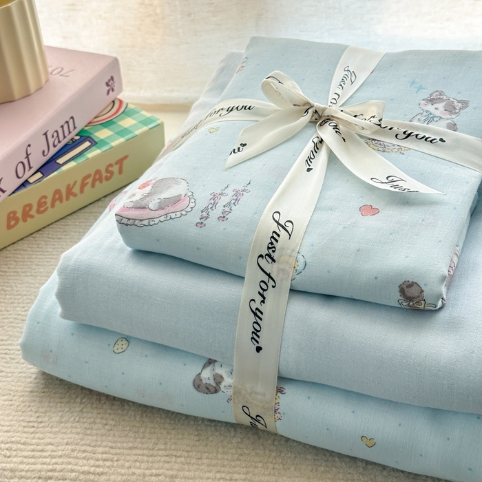 91家纺网 家纺一手货源 找家纺 2025新款全棉A类双层纱四件套系列-叠拍 神气猫