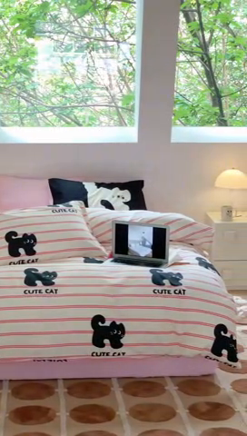 91家纺网 家纺一手货源 找家纺 尺素 2025新款韩国ins风全棉卡通印花四件套小红书博主纯棉学生三件套 可爱猫咪