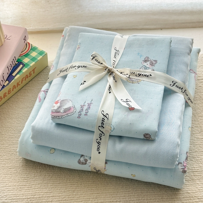 91家纺网 家纺一手货源 找家纺 2025新款全棉A类双层纱四件套系列-叠拍 神气猫