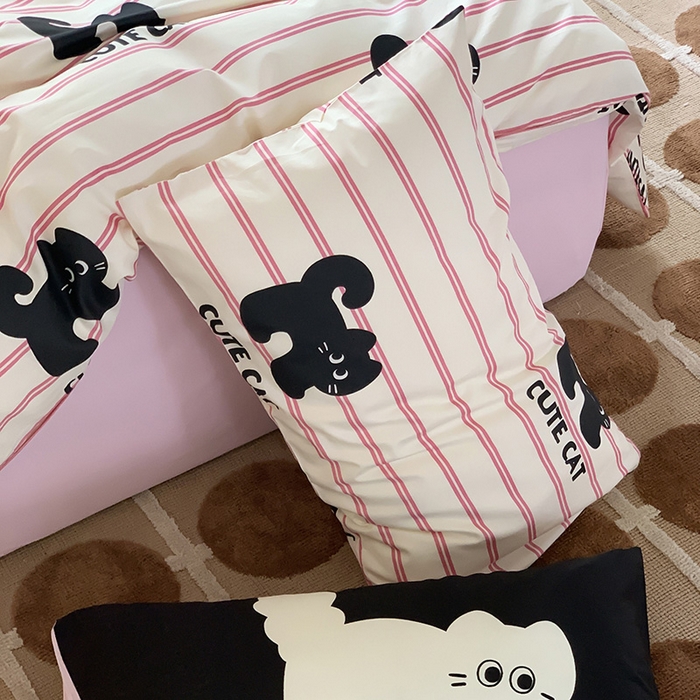 91家纺网 家纺一手货源 找家纺 尺素 2025新款韩国ins风全棉卡通印花四件套小红书博主纯棉学生三件套 可爱猫咪