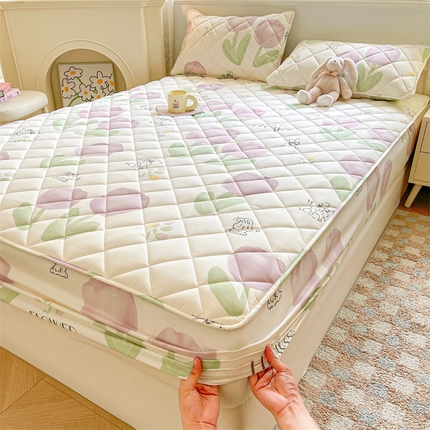 居眠 2025新款A类亲肤棉抗菌印花夹棉床笠 郁金香紫