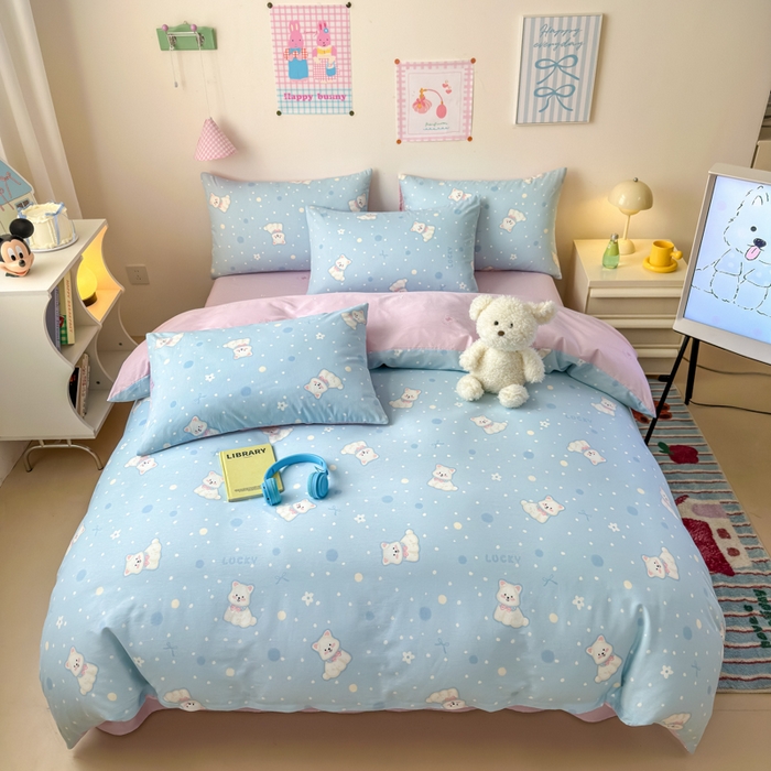 91家纺网 家纺一手货源 找家纺 2025新款全棉12868印花四件套 蓝色泡芙狗