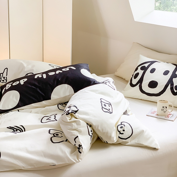 91家纺网 家纺一手货源 找家纺 尺素 2025新款韩国ins风全棉卡通印花四件套小红书博主纯棉学生三件套 lovely dog 象牙白