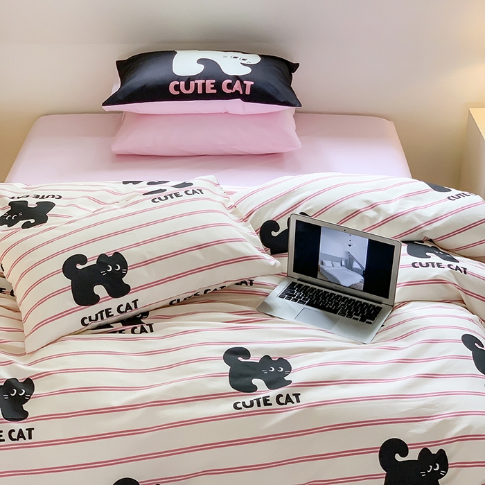 91家纺网 家纺一手货源 找家纺 尺素 2025新款韩国ins风全棉卡通印花四件套小红书博主纯棉学生三件套 可爱猫咪