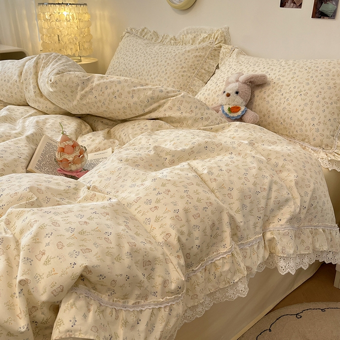 91家纺网 家纺一手货源 找家纺 蓝邻家纺 2025年新款全棉法式清新公主风双层花边四件套系列 初旭