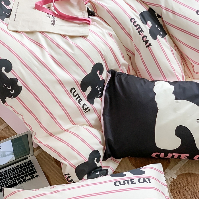 91家纺网 家纺一手货源 找家纺 尺素 2025新款韩国ins风全棉卡通印花四件套小红书博主纯棉学生三件套 可爱猫咪