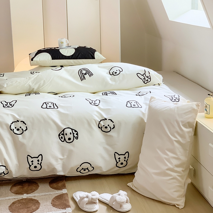 91家纺网 家纺一手货源 找家纺 尺素 2025新款韩国ins风全棉卡通印花四件套小红书博主纯棉学生三件套 lovely dog 灰